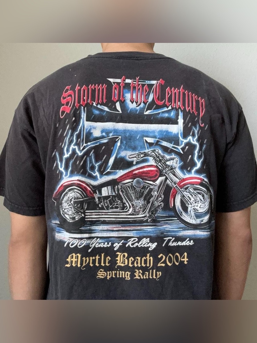 Vintage 2004 Storm of the Century Black Graphics Motorcycle Black T‑Shirt